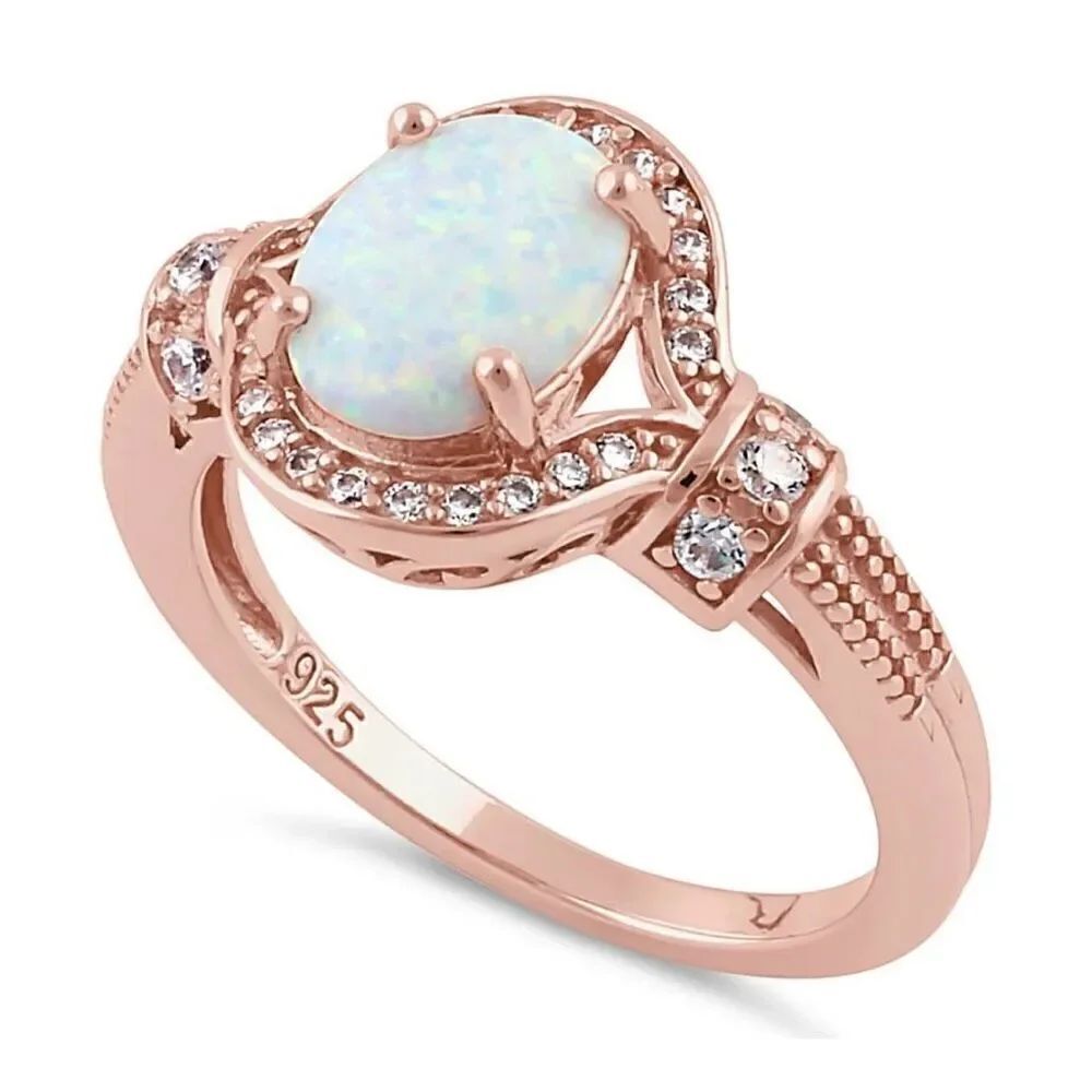 Sterling Silver Rose Gold Elegant White Oval Opal Ring New